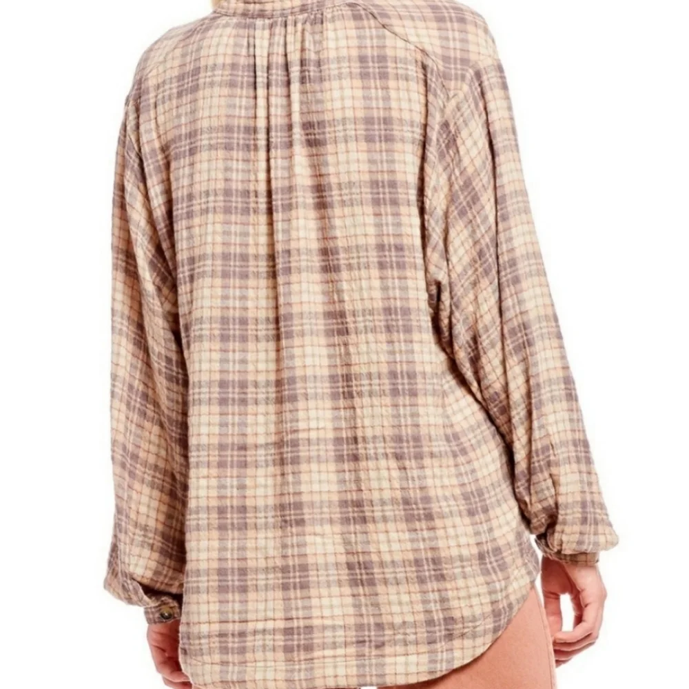 Free People Northern Bound Oversized Flannel Balloon Sleeve Top in Beige Combo